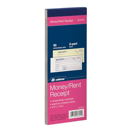 Adams Money and Rent Receipt Book, 2-Part, Carbonless, 2.75 x 7.19 Inch, 50 Sets, White and Canary (DC2701)