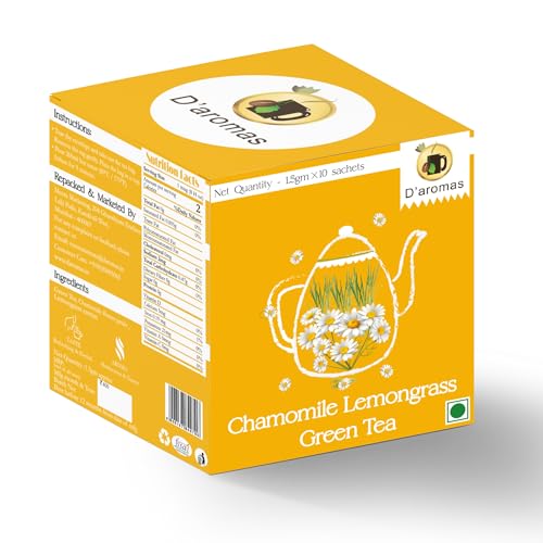 Image of D'aromas Chamomile Lemongrass Tea Bags | Relaxing chamomile & Refreshing lemongrass Blend | Calming Floral Aroma | Herbal Wellness Infusion | 10 Tea Bags (1.5g Each) | D'aromas Herbal Tea