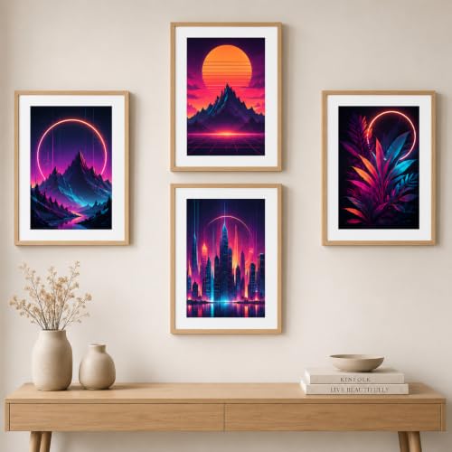 Image of Livin'luxe Set of 4 Neon Mountain City & Botanical Wall Paintings with Sparkle Laminate and Premium Wooden Synthetic Frame for Living Room Bedroom Office Decor (13.5 x 19.5 Inch)
