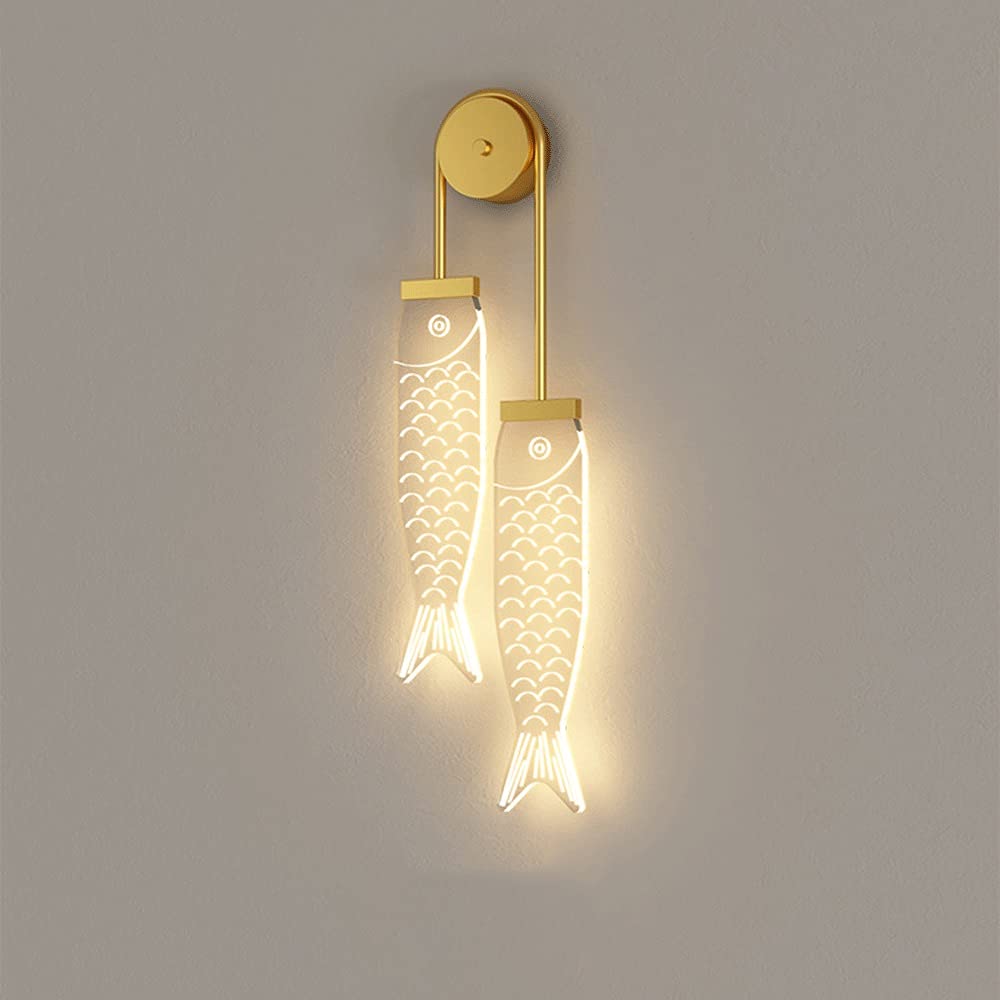 Lampa ścienna z podwójną głowicą typu ryba, ciepła akrylowa nowoczesna lampa ścienna LED, aluminiowy korpus, oświetlenie wnętrz do pokoju hotelowego, przedpokoju, salonu, balkonu