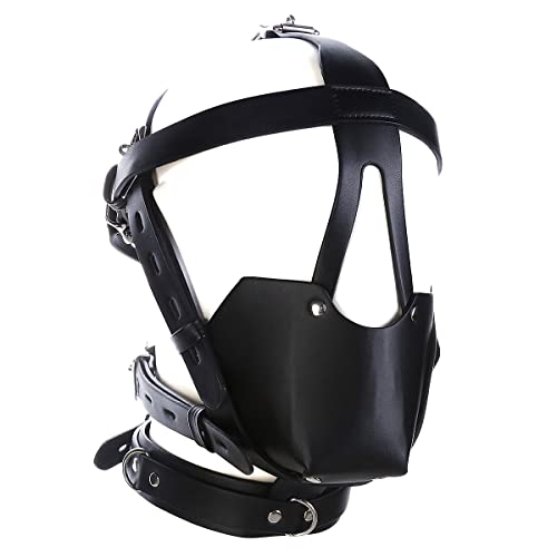 Frauen und Männer Leder Sex Hauben mit Sex Halsband und Atmungsaktiven Ball knebeln für Bondage Fesseln, BDSM Restraint Bondage Kopfgeschirr für Sexspiele (Schwarz-1)