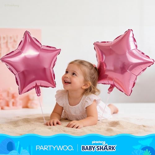 Image of PartyWoo Baby Shark Pink Foil Number 3 Balloon 5pcs 40 18 Inch Pink Round Star Mylar Helium Birthday Balloons for Boys and Girls Baby Shark Under the Sea Ocean Kids Third Birthday Party Decorations