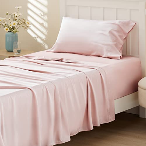 Image of Bedsure Cooling Sheets Twin, Rayon Derived from Bamboo, PureWoven, Breathable & Soft Twin Sheets Set, Deep Pocket Up to 16 Inches, Hotel Luxury Silky Bedding for Hot Sleepers, Pink