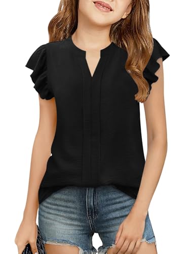 Image of Floral Find Girls Casual Ruffle Short Sleeve V Neck Textured Shirts Summer Dressy Tunic Top Blouses