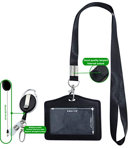 Id Card Case + Lanyard + Badge Holder Retractable Reel Carabiner And Plastic Clip (Horizontal Black) #TOP5