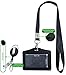 ID Card Case + Lanyard + Badge Holder Retractable Reel Carabiner and Plastic Clip (Genuine Leather Horizontal Black)