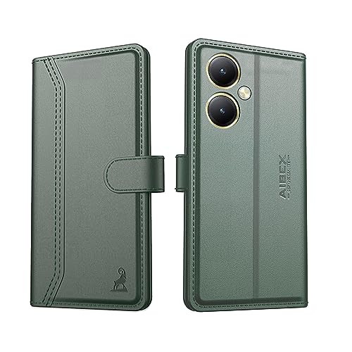 Image of AIBEX Compatible for Vivo Y27 4G Flip Cover Leather Finish | Inside TPU with Card Pockets | Wallet Stand | Complete Protection Flip Case - Green