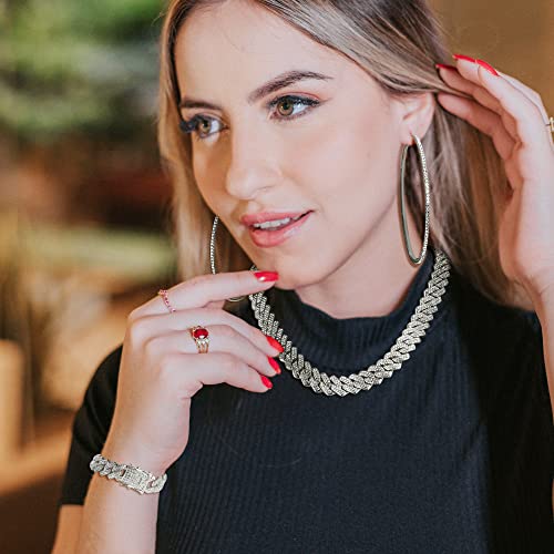 Krfy Silver Cuban Link Chain Necklace Bracelet Rhinestone Hoop Earrings Set Bling Necklace Bracelet Crystal Big Circle Earrings For Women Girls 18Inch #TOP3