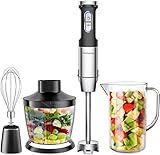 4-IN-1 Mehrzweck Stabmixer: Er wird mit einem 800-ml-Messbecher, einem 500-ml-Nahrungszerkleinerer und einem Schneebesen geliefert, um Ihren verschiedenen Bedürfnissen beim Mischen, Zerkleinern, Schlagen von Eiern, Püree und Babynahrung gerecht zu werden. Durch die Schnapptrennung können Sie den Wirt und das Zubehör leicht zusammensetzen und zerlegen.