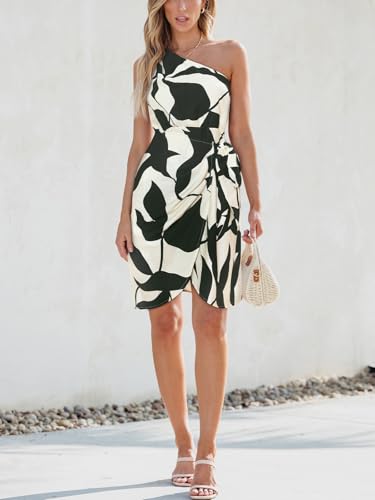 Image of CUPSHE Women's One Shoulder Leaf Print Self-tie Short Dress Sleeveless Tiered Hem Formal Dress Casual Mini Dress