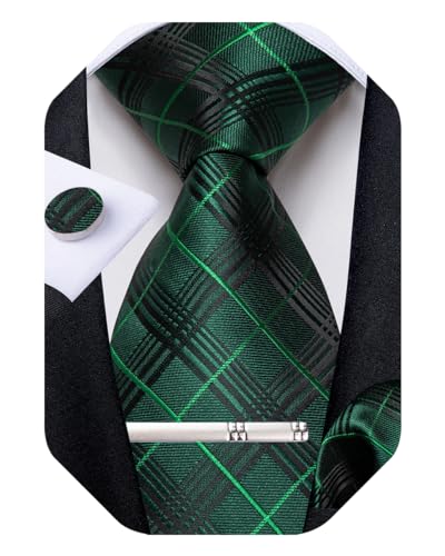 Image of DiBanGu Mens Tie Silk Plaid Striped Necktie and Pocket Square Cufflinks Tie Clip Set with Gift Box Formal Wedding Party