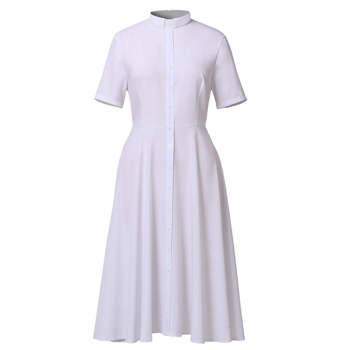 FAD-4U Church Clergy Dress for Women Short Sleeve Rows Buttons A Line Dress with Tab Collar
