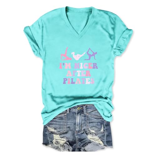 PUGIAF Pilates Shirt for Women, I'm Nicer After Pilates Shirt, Casual Graphic Letter Print Pilates Life Summer Tops Aqua Blue