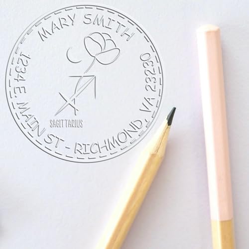Customized New Home Embosser - Hybrid Flowering Sagittarius Design, 1-5/8 Round Seal, Perfect Zodiac Gifts for Energy Healers, Available in Pink or Black Handle Options - Unique Housewarming Gift