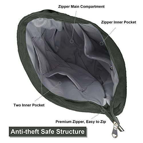 Image of FITDON Corduroy Totes Bag with Zip, Shoulder Bags Handbags Women's Hobos Large Capacity Shopping Bag with Inner Pocket, Green