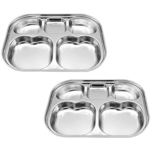 Korean Stainless Steel Divided Plates by KS&E, Little Kids Toddlers Babies small Tray, BPA Free, Diet Food Control, Compact Serving Platter, Snack, 5 Compartment Plate Silver, Set of 2