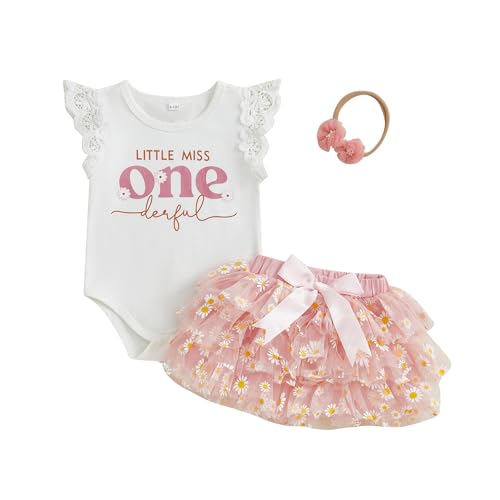 Dubute Baby Girl Birthday Cake Smash Outfit My 1st Birthday Pagliaccetto Tutu Gonna con fascia Vestiti Set, bianco, 6-12 Months