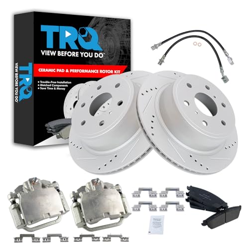 Image of TRQ Performance Rear Brake Pad and Rotor Set Ceramic Slotted Drilled Coated Rotors Calipers Compatible with 2007-2013 Chevrolet Silverado 1500 Sierra 1500