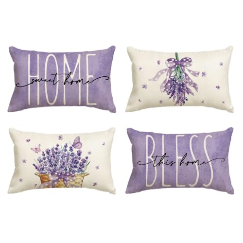 AVOIN colorlife Lavender Bless This Home Spring Throw Pillow Covers, 12 x 20 Inch Purple Cushion Case for Sofa Couch Set of 4