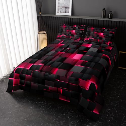 Image of Nttopship Neon Pink Black Comforter Set King Geometric Kids Bedding Set,3 PCS Geometry Honeycomb Bed Set Modern Quilt Set 1 Comforter 2 Pillow Cases Cool Room Decor All Season B-Side Black