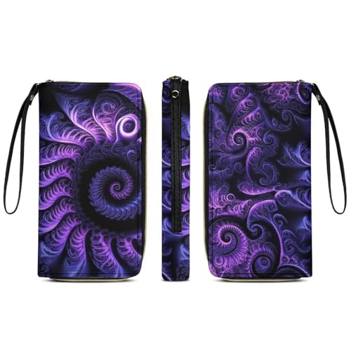 Girl's Long PU Wallet, Travel Purse Fashion Design, Huge Storage Capacity Purse, Cute Decor Zipper Wallet With Rope Trippy Abstract Purple Tie Dye3