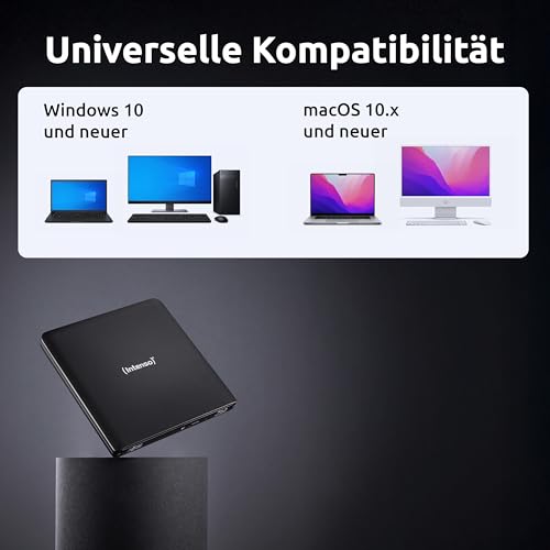 Intenso externes Blu-ray Laufwerk/externer Brenner EOD 500BD Slim, USB 3.2, für Laptop, Desktop PC, iMac, MacBook, Windows, MacOS, inkl. kostenloser Brenn-Software Ashampoo Burning Studio, Schwarz