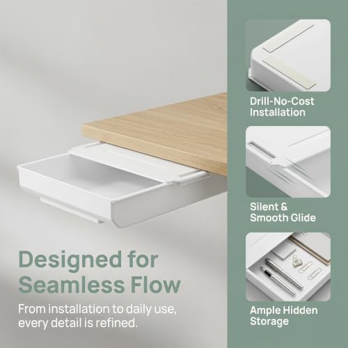 2 piezas cajones bajo escritorio para suministros de oficina con instalación autoadhesiva, organizador compacto de plástico blanco para estación de trabajo y uso en oficina miniatura 3