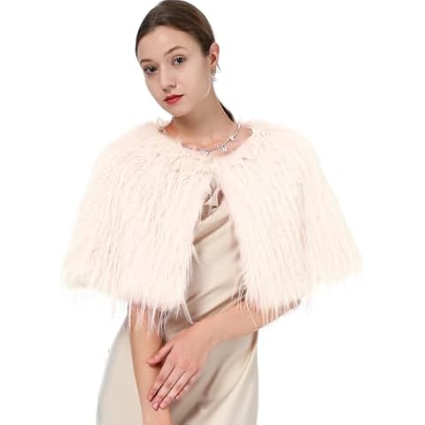 Women Winter Faux Fur Wraps Shawls warm Cape for Party Wedding(Creamy White) Cover
