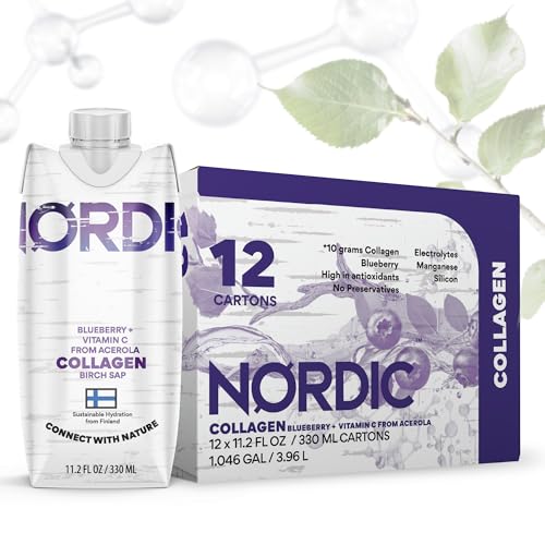 Nordic Liquid Collagen Peptide Drink, Organic Birch Sap, Wild blueberry + Vitamin C, Made in Finland - 10g Clinically Studied Grass Fed Collagen Peptides for Skin Hair Nails & Joint Support, with Silica, BPA-Free Beverage (12 Pack)