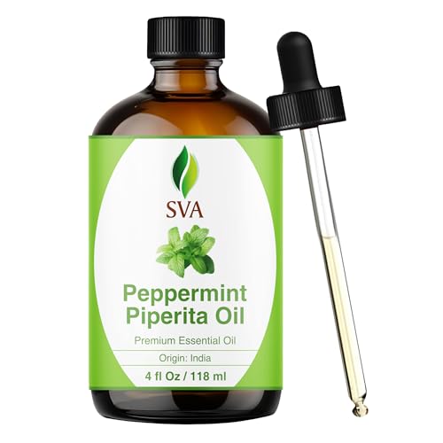 SVA Peppermint Piperita Essential Oil – 4 Fl Oz – 100% Natural Piperita Oil - for Diffuser, Hair Care, Face, Skin Care, Aromatherapy, Scalp and Body Massage, Soap and Candle Making - with Dropper
