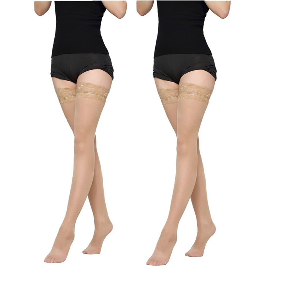 Thigh High Stockings,2 Pairs Women's Lace Top Stay Up Silky Semi Sheer Pantyhose for Women (Nude&Nude), One Size