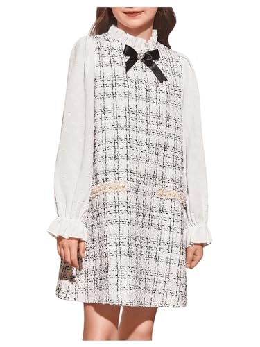 WDIRARA Girl's Plaid Print Bow Front Tweed Dress Flounce Long Sleeve Mock Neck Cute Elegant Short Dresses3