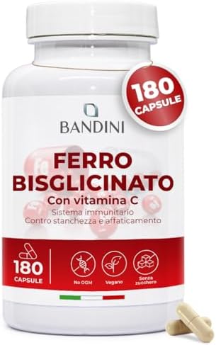 Bandini® Ferro Bisglicinato 80mg + Vitamina C 180 Capsule Vegan (Scorta di oltre 6 Mesi) - Contribuisce al Normale Metabolismo Energetico - Altamente Assimilabile e Biodisponibile - Iron + Vit C 160mg Generico - integratore