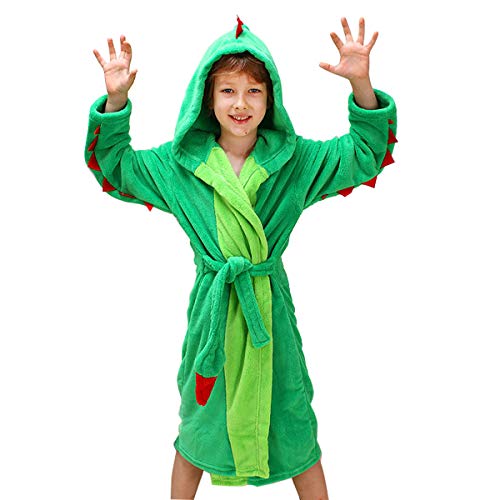 Kids Boys Dinosaur Flannel Hooded Bathrobe Soft Animal Sleepwear Robe (Green, Medium/6-8Y) #TOP1