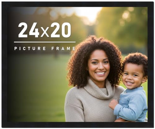 24x20 Frame Black Picture Frame - Complete Modern Photo Frame Includes UV Acrylic Shatter Guard Front, Acid Free Foam Backing Board, Hanging Hardware Wood Wall Frames for Family Photos - no Mat