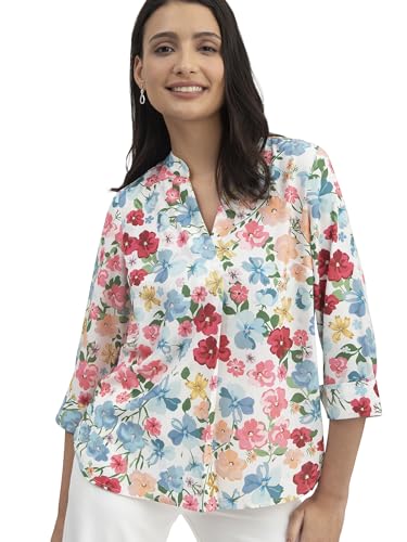 Image of FableStreet Women Shirt Work & Casual | Relaxed Fit Mandarin V-Neck Three-Quarter Sleeves Solid Pattern | Breathable Woven Fabric for Office & Everyday Wear