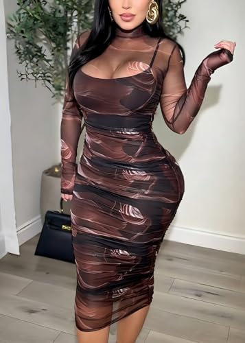 Image of MOEENCN Sexy Long Sleeve Midi Dress for Women Sheer Mesh Printed 2 Piece Skirt Set Crew Neck See Through Bodycon Party