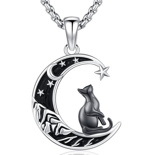 Friggem Collar Colgante Gato, Colgante Luna Gato Plata de Ley 925 y Collar Colgante Mujer Joyería mujer Regalos para mamá,mujer,amantes de los gatos