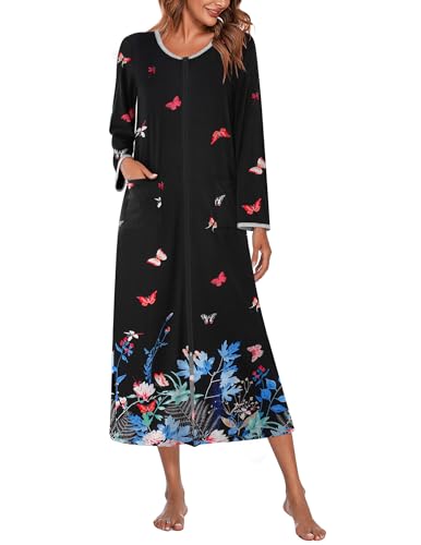 Ekouaer Women Long House Coat Zipper Front Robes Full Length Nightgowns with Pockets Striped Loungewear S-4XL