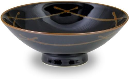 New Hakusan pottery black bowl with brown lines from Japan E-4