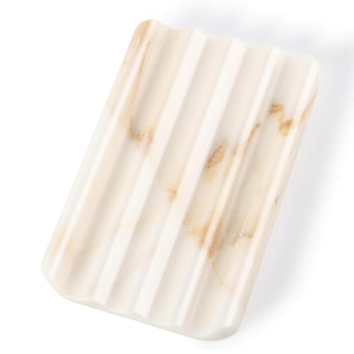 Koville Natural Marble Soap Dish for Bathroom Shower, White Gold Marble Soap Tray for Bathroom, Stone Soap Tray for Sink, Stripe Grooves Soap Saver Keep Soap Bars Dry Easy Clean