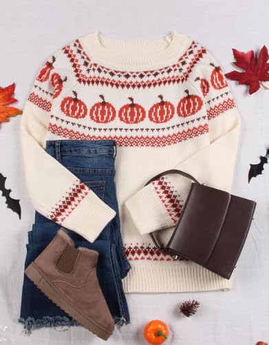 Image of Women's Fair Isle Sweater Crew Neck Long Sleeve Heart Sweater Vintage Tops
