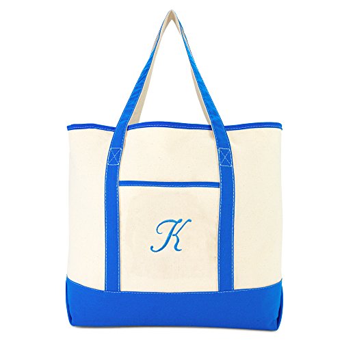 Dalix Women's Canvas Tote Bag Satchel Shoulder Bags Royal Blue Monogram K #TOP1