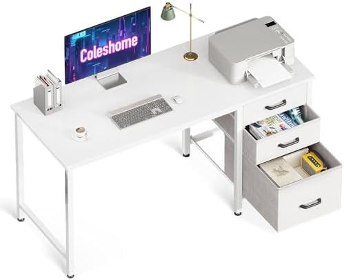 Coleshome Desk with 3 Fabric Drawers, 120x48cm Spacious Desk with Headphone Holder, White Reversible Computer Desk for Home Office Coleshome Desk with 3 Fabric Drawers, 120x48cm Spacious Desk with Headphone Holder, White Reversible Computer Desk for Home Office