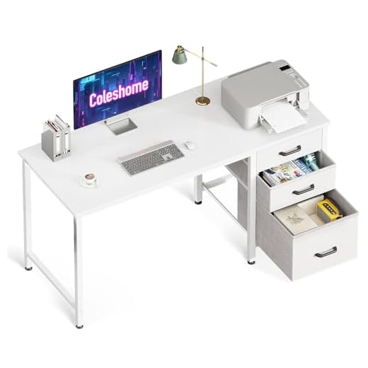 Coleshome Scrivania con 3 Cassetti in Tessuto, 120x48cm Scrivania Salvaspazio con Portacuffie, Bianco Scrivania Computer Reversibile per Piccolo Ufficio in Casa