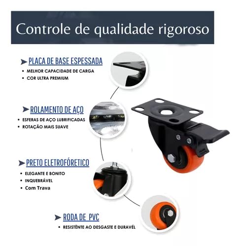4 Rodizios Pvc Rodinha Moveis 50m C/Trava Laranja Giratorio