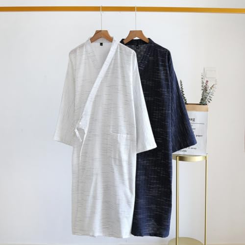 Image of SIQITECHNO Men Summer Kimono Bathrobe Long Cotton Yukata Woven Striped Pajamas Loungewear Mens Bathrobe Sleepwear Nightgown