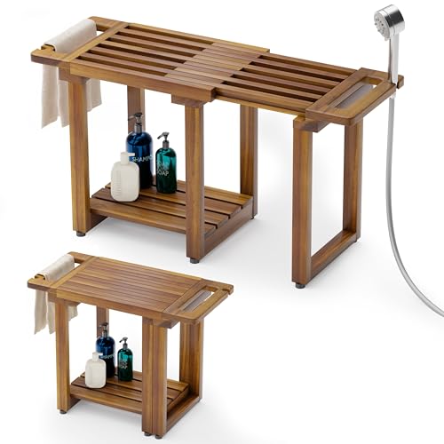 BLUEWEST Adjustable Shower Bench Stool for Inside Shower 31.7 Wood Bathroom Bench with Storage Shelf Built-in Handle & Shower Head Holder Waterproof Spa Bath Seat for Shaving Legs