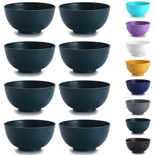 Kyraton tazón de cereales de plástico en 8 piezas, Tazón liviano irrompible y reutilizable para sopa de fideos de arroz, ensalada, ensalada, fruta, apto para lavavajillas