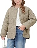 Flygo Girls Lightweight Quilted Jackets Warm Snap Button Puffer Coat Kids Trendy Padded Outerwear with Pockets(Khaki-L)